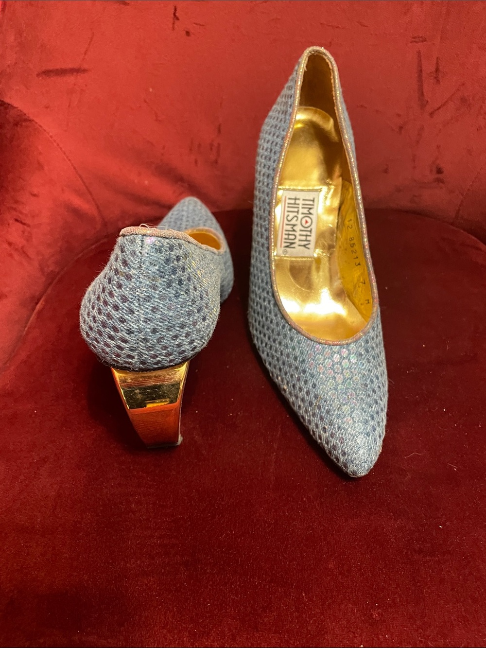 Timothy Hitsman Blue Textured Pointed-Toe Pumps with Gold Block Heel